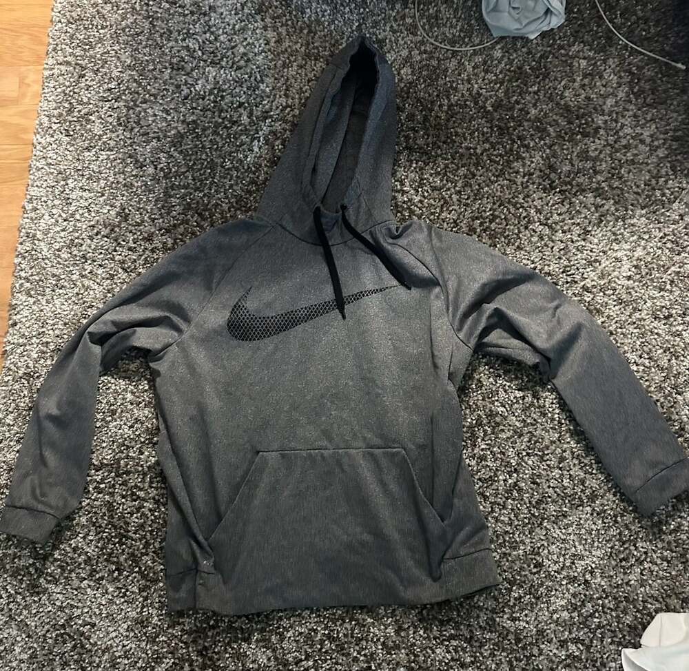 Nike Dri-Fit Gray Pullover Training Hoodie with Mesh Swoosh Logo Mens Size Large